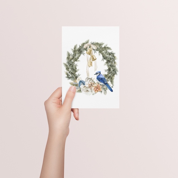 Wall Art Watercolor Blue Jay Christmas Wreath Illustration Print Card, Unframed - Picture 6 of 7